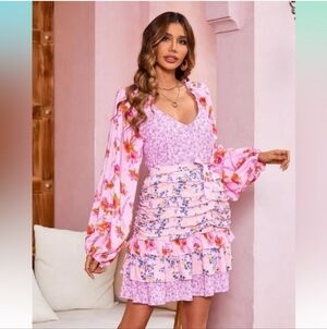 R.Vivimos pink floral patchwork ruffled mini dress
